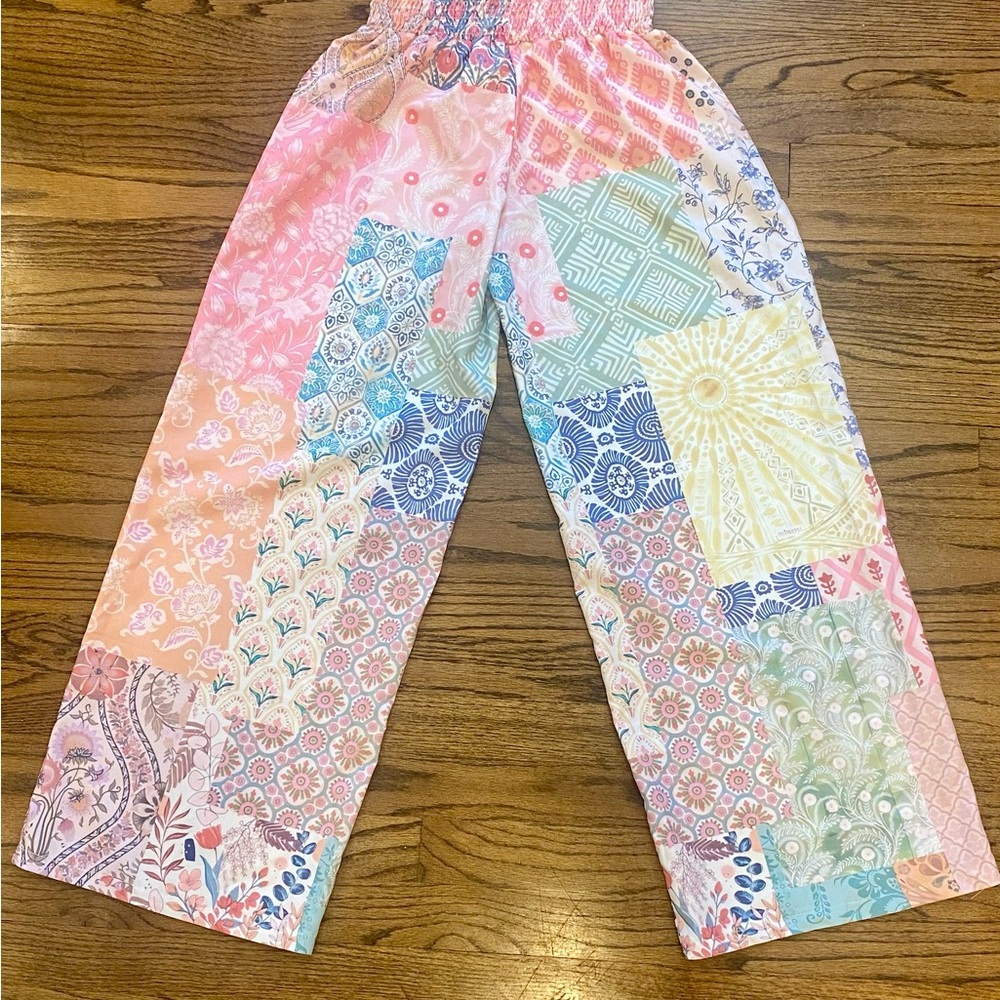 SOLD Barbiecore Smocked Waist floral Patchwork Boho Hippie Pants Cottagecore - Picture 1 of 4